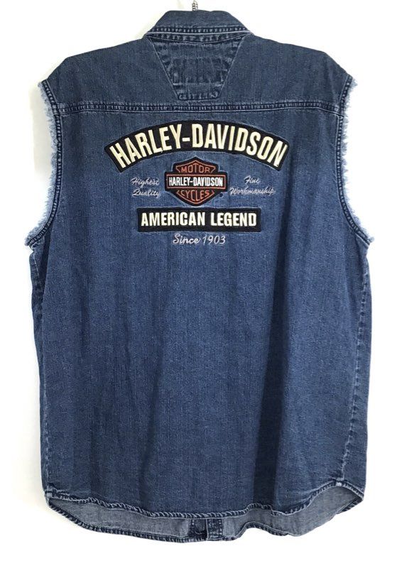 Vintage Harley-Davidson American Legend Denim Cutoff Biker Vest Sz XL