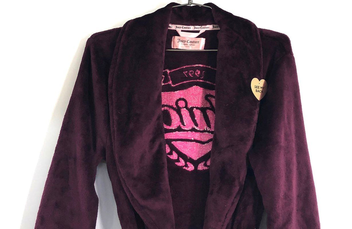 Juicy Couture Women's Purple Plush Belted Robe Shawl Collar Logo Sz S/M