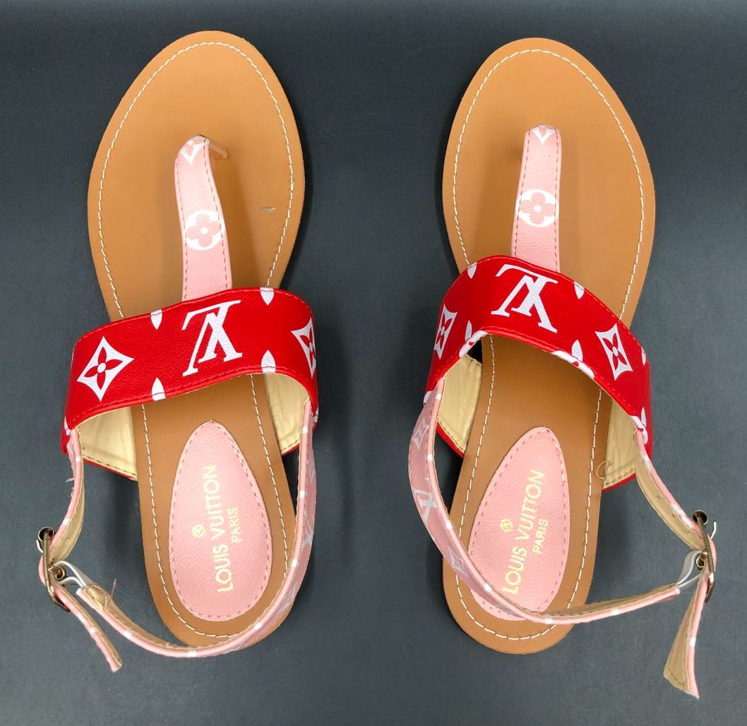Louis Vuitton Inspired Women's Brown/Red/Pink Monogram Print Sandals - Size 38