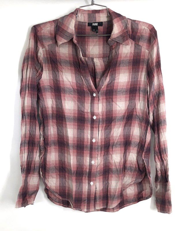 PAIGE Women's Pink Cream Plaid Cotton Viscose Long Sleeve Shirt Sz XS
