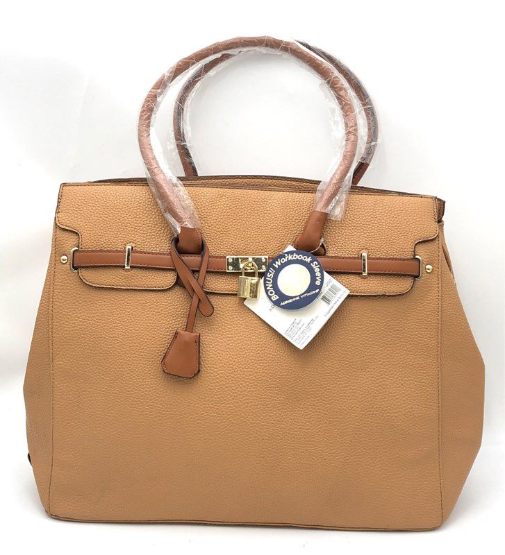 Adrienne Vittadini Natural Pebbled Tote Bag NWT Gold Hardware Workbook Sleeve