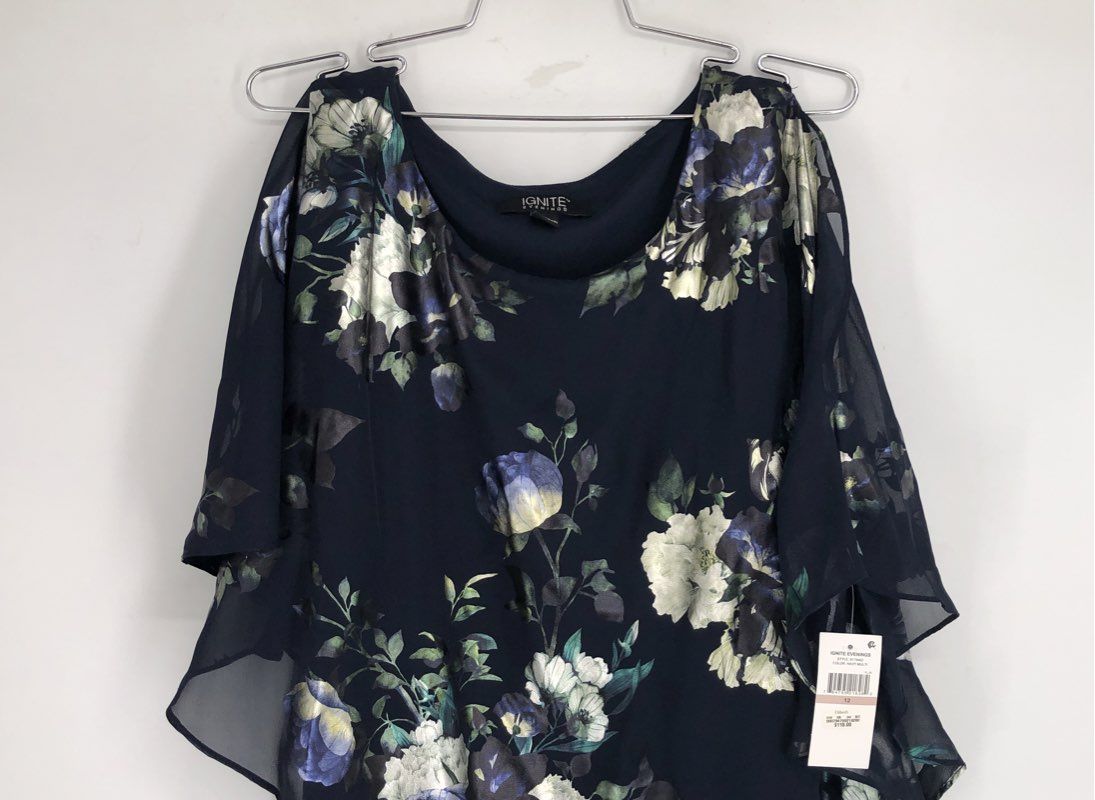 Ignite Evenings Women's Navy Floral Metallic Capelet Sheath Dress Sz 12 NWT