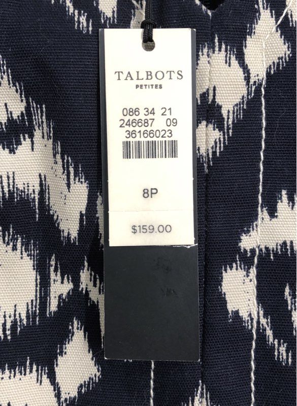 Talbots Petites Women's Navy Cream Geometric Ikat V-Neck Sheath Dress NWT 8P