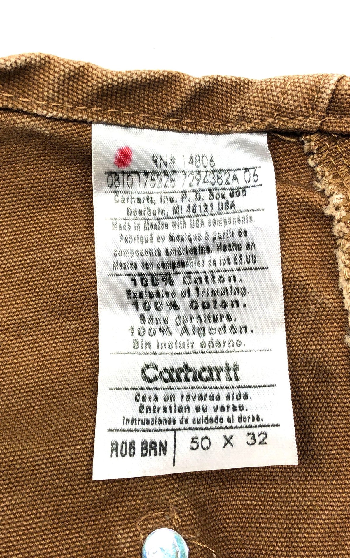 Carhartt R06 BRN Double Knee Cotton Duck Bib Overalls Brown Sz 50x32