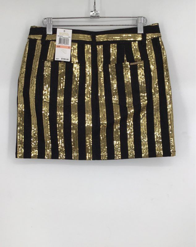 NWT Michael Kors Women&#39;s Gold Black Sequin Striped Mini Skirt - Size 2