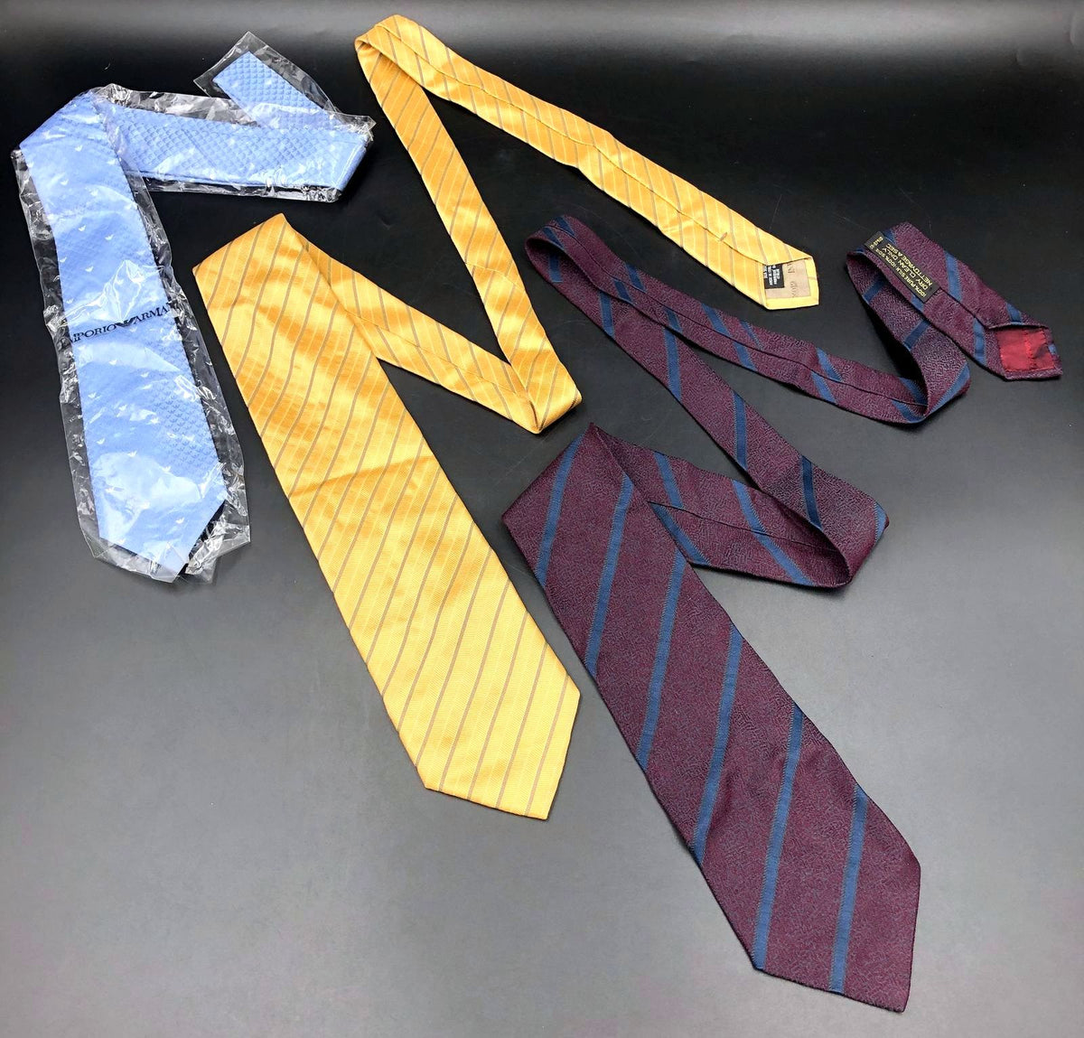 Armani Silk Ties LOT of 3: Blue Dotted (NWT)/Yellow Striped/Burgundy Striped