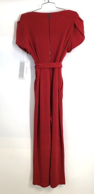Calvin Klein Women's Red Sparkle Short Sleeve Tie Waist Jumpsuit Sz 8 NWT