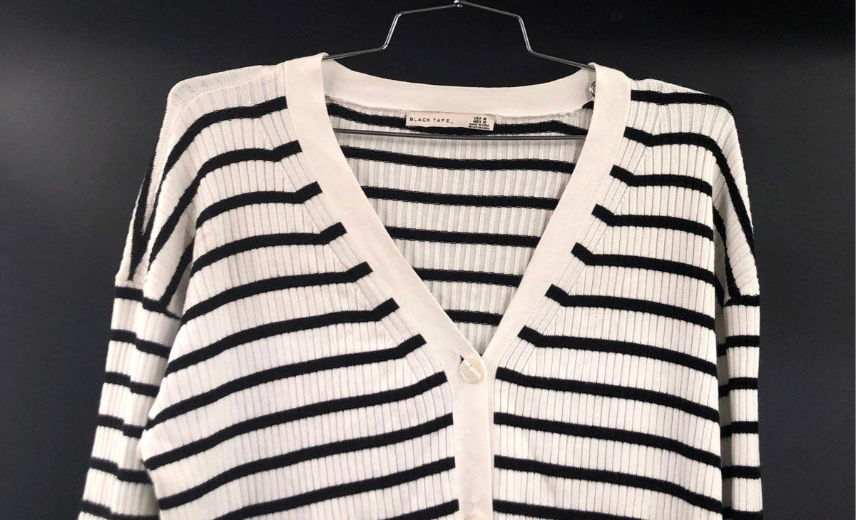 Black Tape Women's White Black Striped Ribbed Knit V-Neck Cardigan Sz M