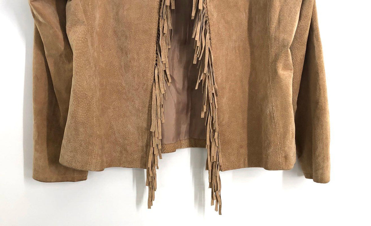 A.M.I. Women's Sand Tan Leather Fringe Western Open Front Jacket Size L