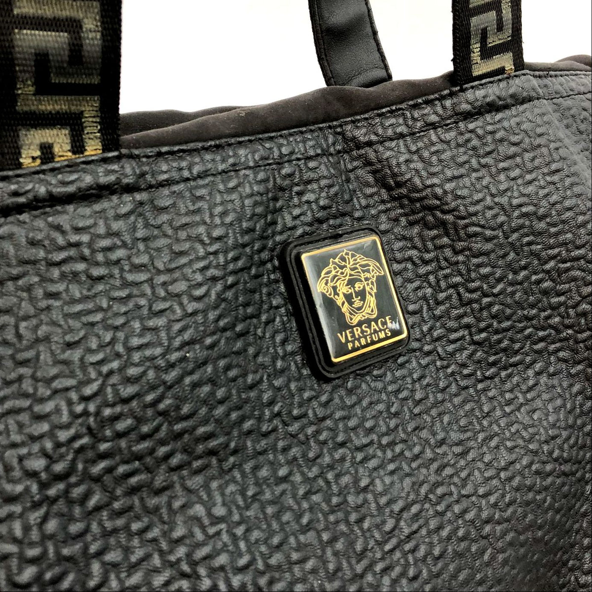 Versace Parfums Large Black Faux Leather Tote with Gold-Tone Accents