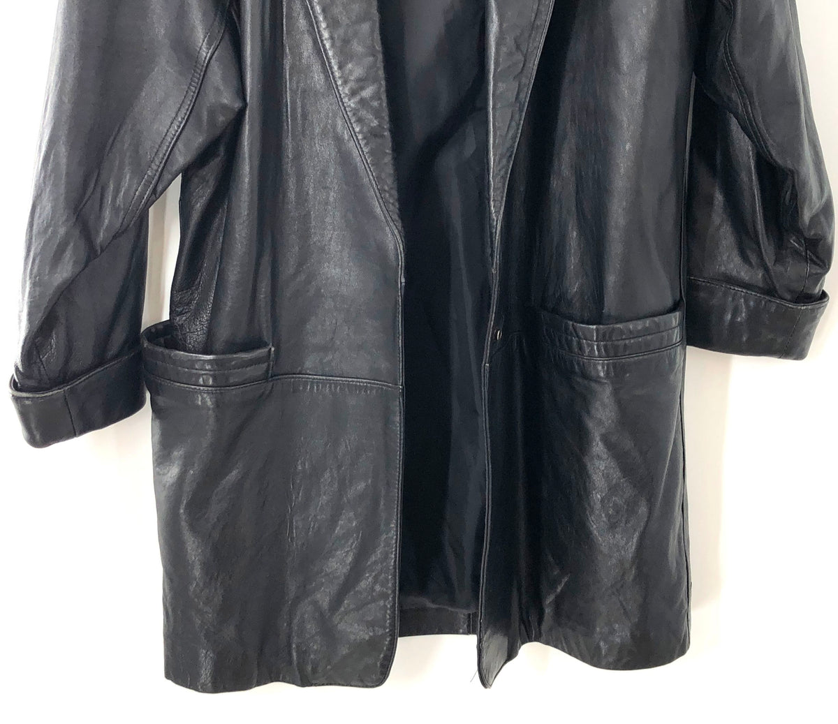 Vintage 80s Wilsons Leather Womens Black Shawl Collar Open Front Jacket Sz S