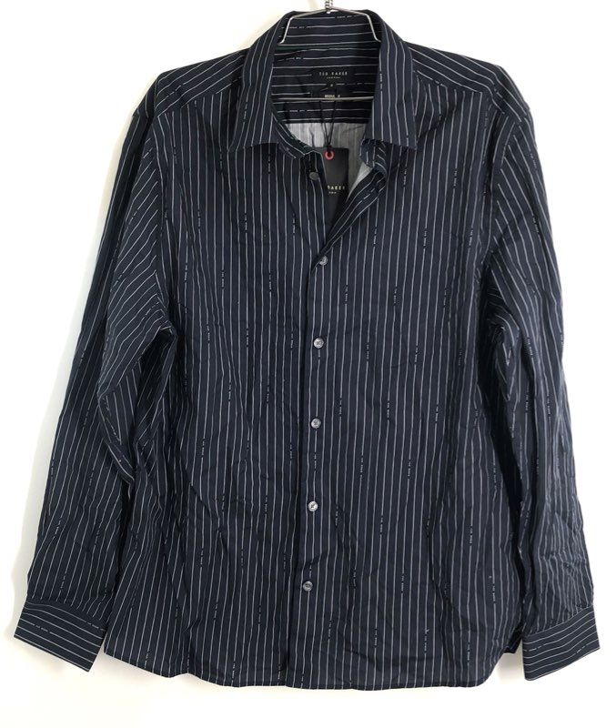 Ted Baker Men's Navy Branded Stripe Print Regular Fit Cotton Shirt Sz 5 NWT