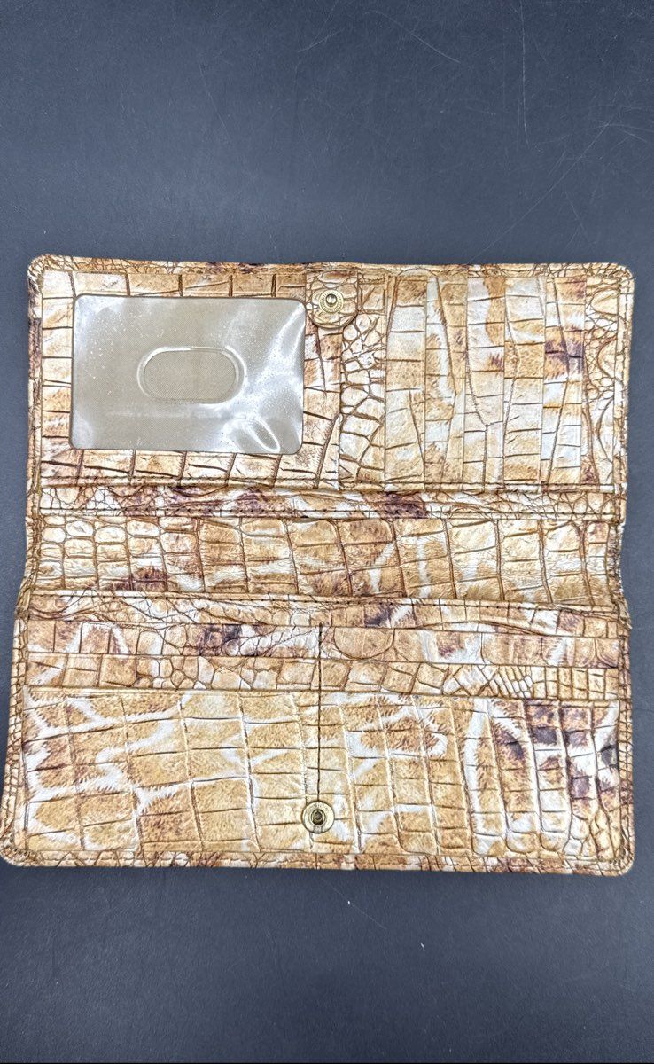 Brahmin Tan Gold Croc Embossed Leather Slim Tri-fold Wallet Gold Hardware