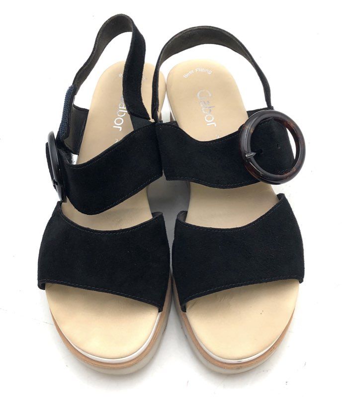 Gabor 84.645 Best Fitting Black Suede Platform Wedge Slingback Sandals Size UK 7