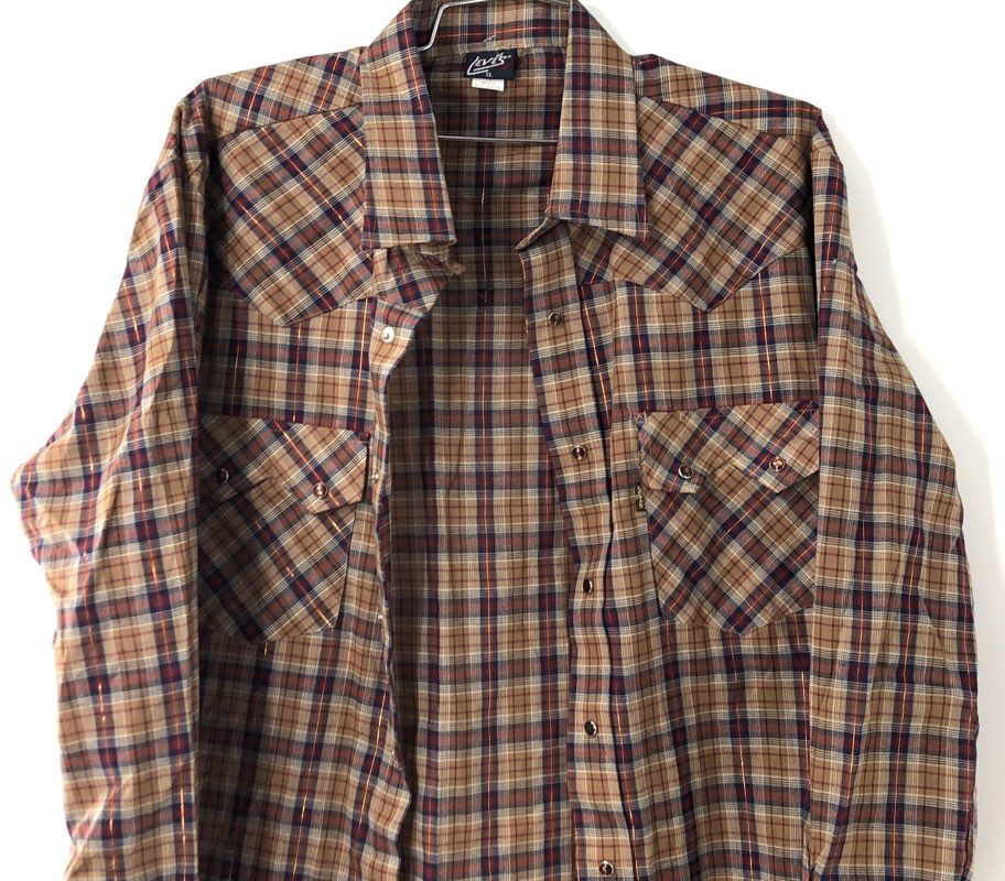Vintage 80s Levi's Pearl Snap Western Shirt Lurex Plaid Tapered Fit Sz XL