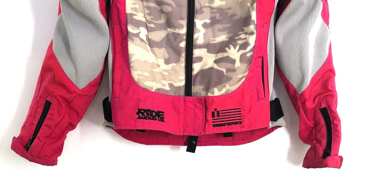Icon Women's Merc Stage 3 Riding Jacket Pink Camo Graphic Patches Sz SM