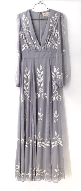 BHLDN Alana Women's Gray Beaded Embroidered Floral Maxi Dress Gown Size 6
