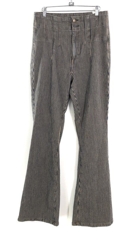 We The Free Women's Blue Tan Hickory Stripe High Rise Flare Jeans Sz 30