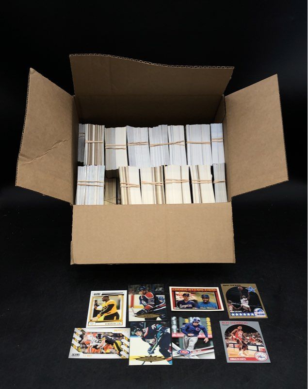 12.0 lbs. Lot Of Mixed Sports Baseball, Football, Cards. Medium Box, Unsorted