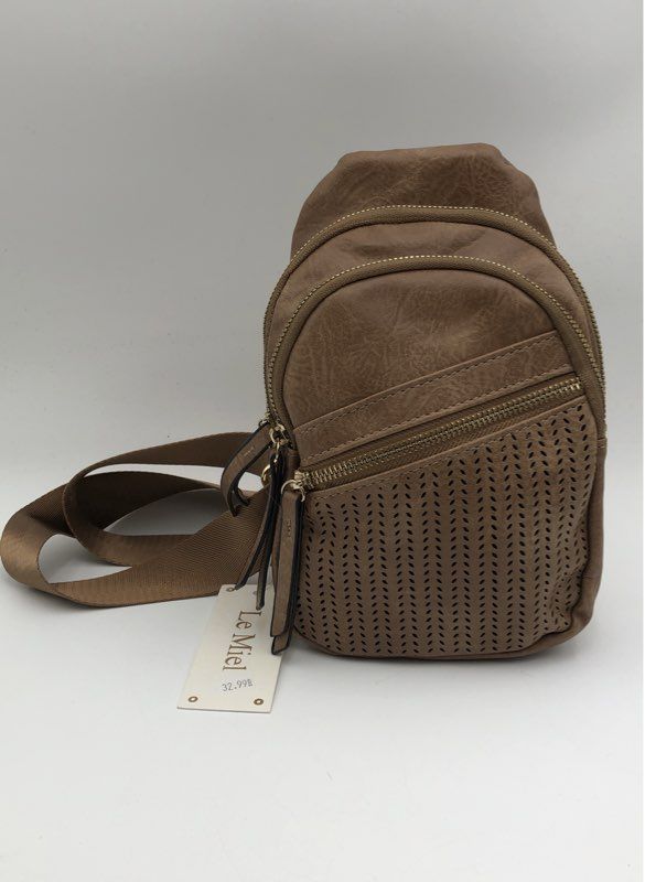 Le Miel Taupe Faux Leather Perforated Sling Crossbody Bag NWT Gold Hardware