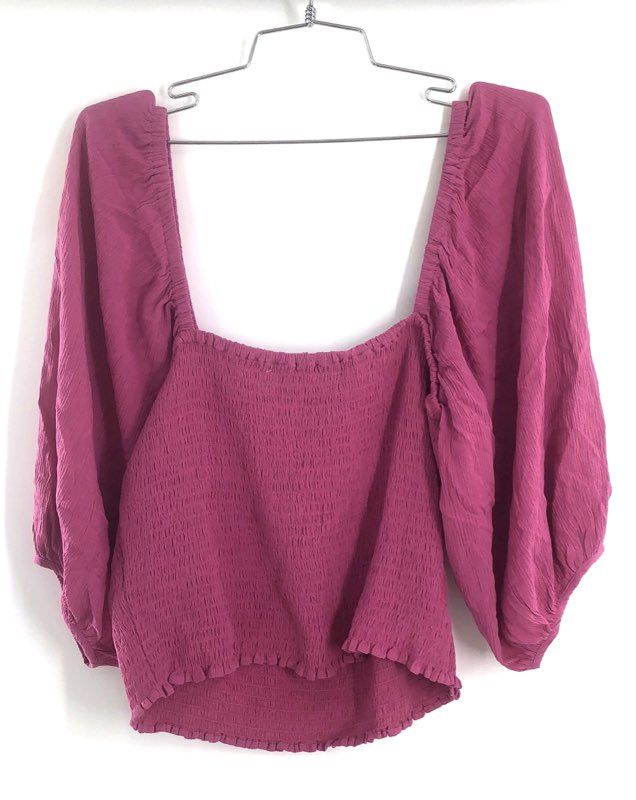 1.STATE Women's Pink Smocked Square Neck Balloon Sleeve Rayon Blouse NWT Sz XL
