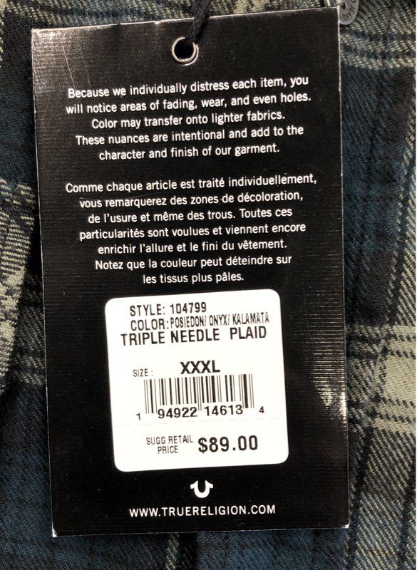 NWT True Religion Men's Poseidon Onyx/Kalamata Button-Up Shirt - Size 3XL