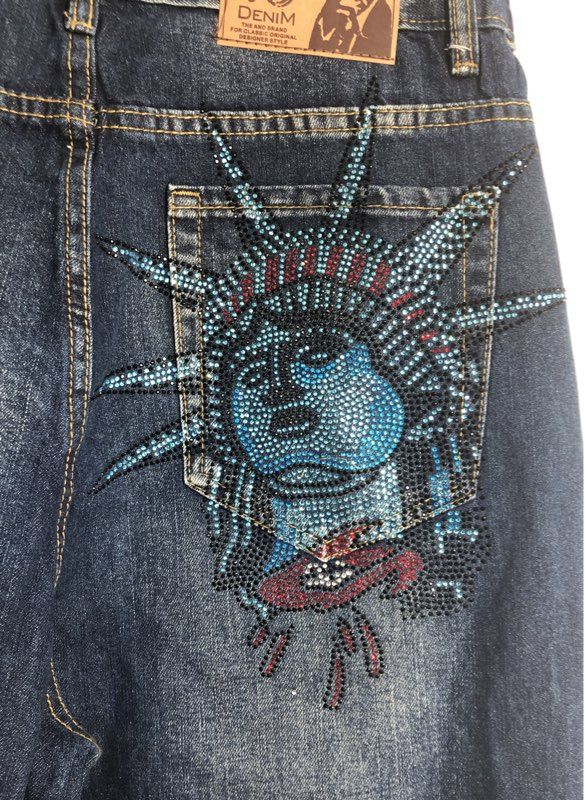 Christian Audigier Men's Dark Wash Liberty Head Rhinestone Wide Leg Jeans Size L