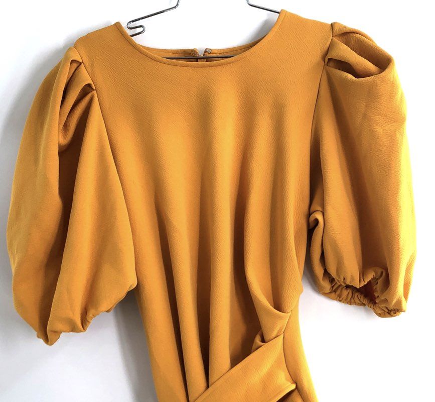 New York & Company Women's Mustard Yellow Puff Sleeve Tie Waist Dress NWT Sz XL