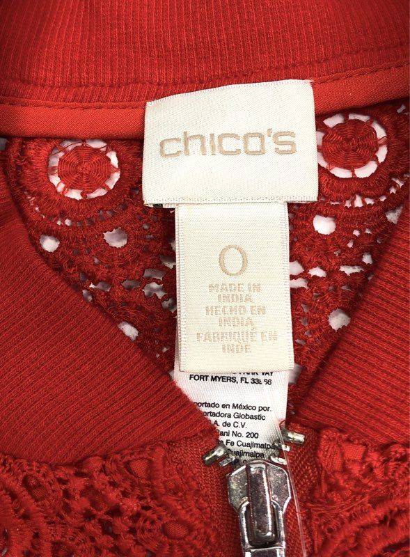 Chico's Women's Red Lace Full Zip Bomber Jacket NWT Sz 0
