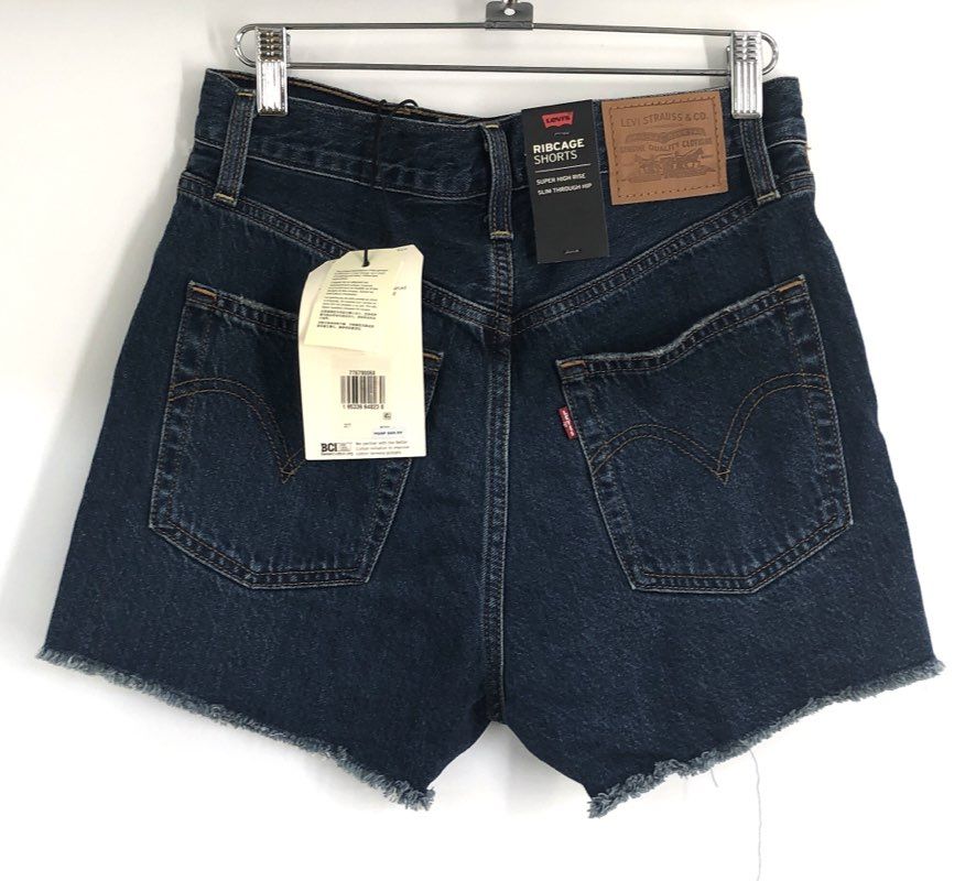 Levi's Women's Ribcage Shorts Dark Wash Blue High Rise Cutoff Denim NWT Sz 27