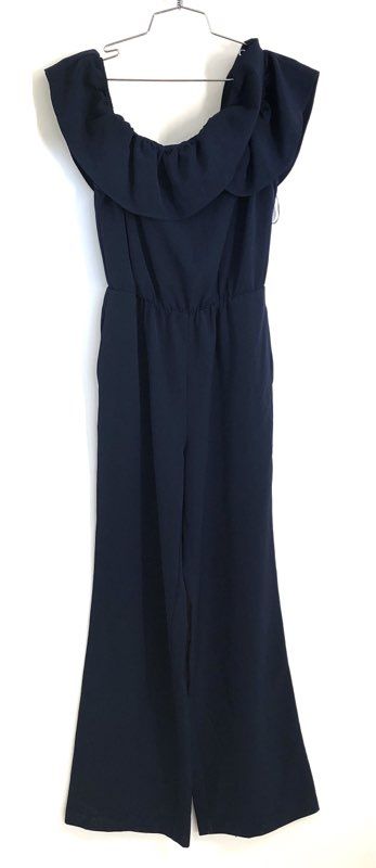 New York & Company Women's Navy Blue Off-the-Shoulder Ruffle Jumpsuit Size XS