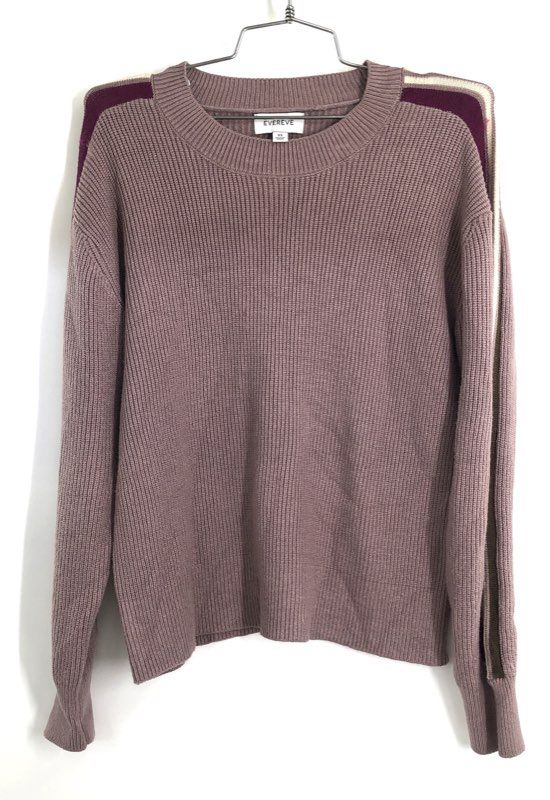 Evereve Women's Mauve Ribbed Pullover Crew Sweater Stripe Shoulder Sz XS