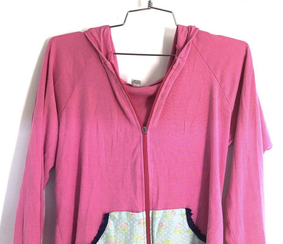 Matilda Jane Women's Pink Full Zip Hoodie Cherry Pattern Ruffle Pocket Sz M/L