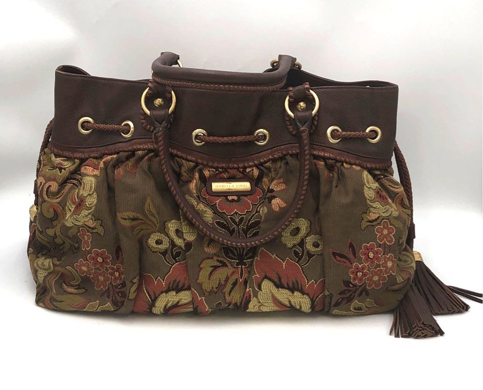 Vintage 2000s Isabella Fiore Floral Tapestry Leather Satchel Handbag Tassels