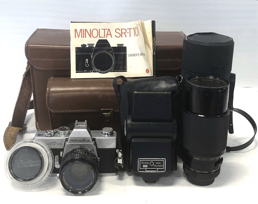 Vintage Minolta SR-T 101 35mm SLR Camera + 50mm & Vivitar 70-210mm Lens Lot