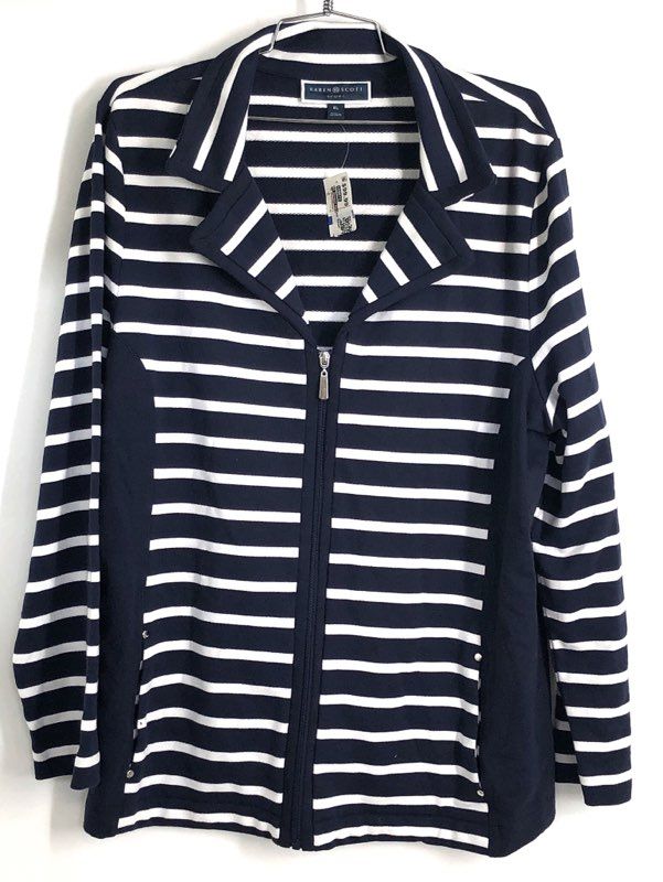 Karen Scott Sport Women's Navy White Striped Full Zip Jacket Cardigan Sz XL NWT