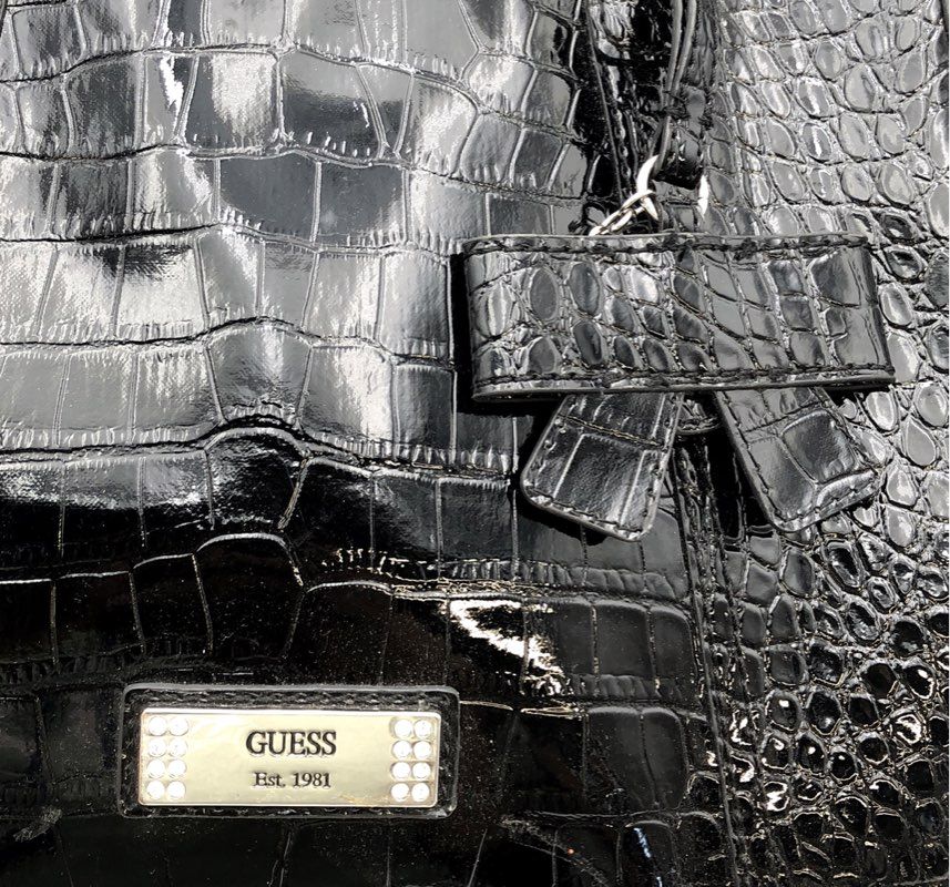 Vintage Guess Black Croc Embossed Patent Faux Leather Tote Shoulder Bag Y2K