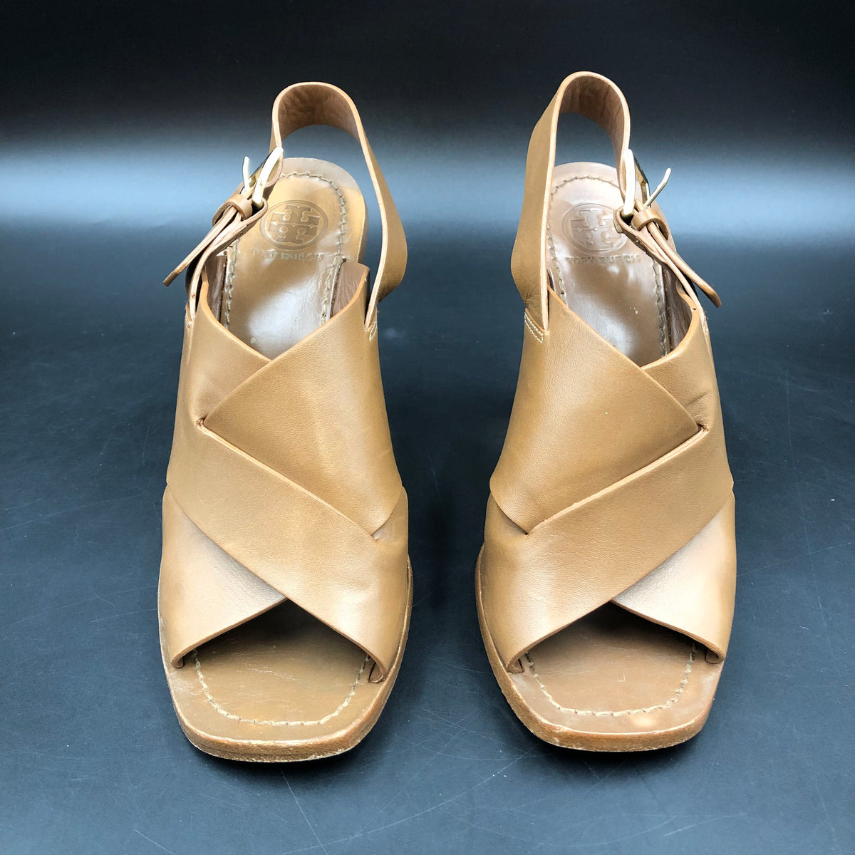 Tory Burch Brown Leather Cross Band Slingback Block Heel Sandals Size 7 COA