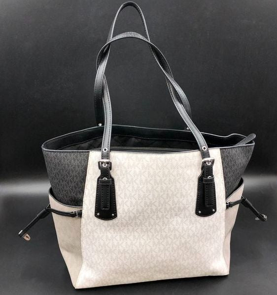 Michael Kors Gilly Multicolor Signature Canvas Drawstring Tote Bag Silver COA