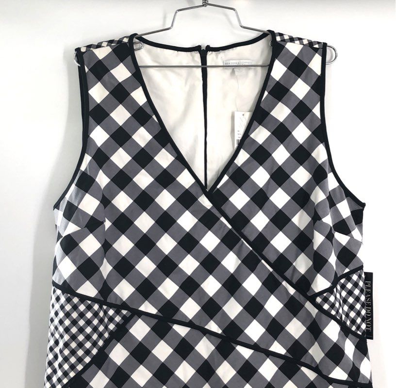 New York & Company Women's Black White Gingham Sleeveless V-Neck Dress NWT Sz 16