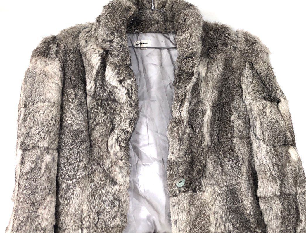 Vintage 80s Women's Gray Rabbit Fur Jacket Coat Patchwork Single Button Sz L