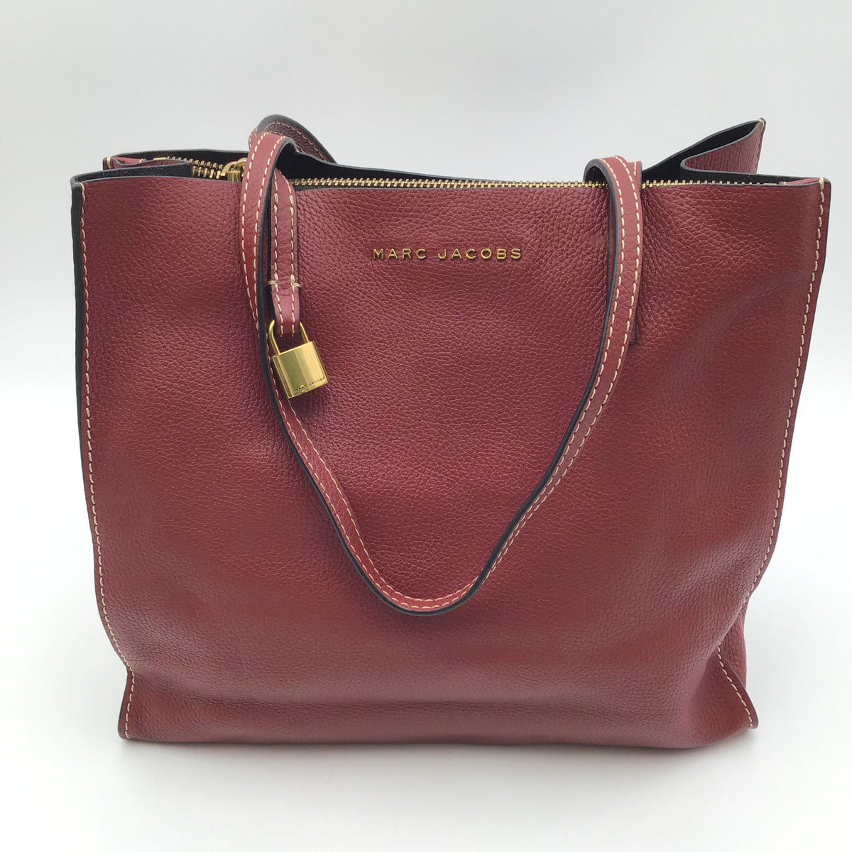 Marc Jacobs Burgundy Pebbled Leather Tote Bag with Gold-Tone Accents (+COA)