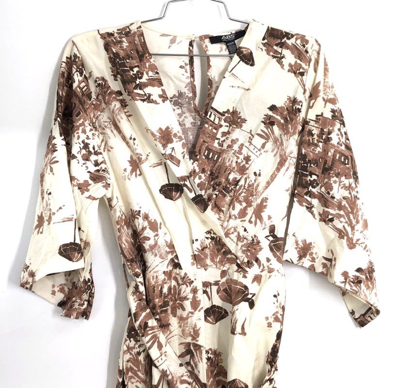 ABS Allen Schwartz Women's Cream Brown Toile Jumpsuit Wide Leg Sz M NWT