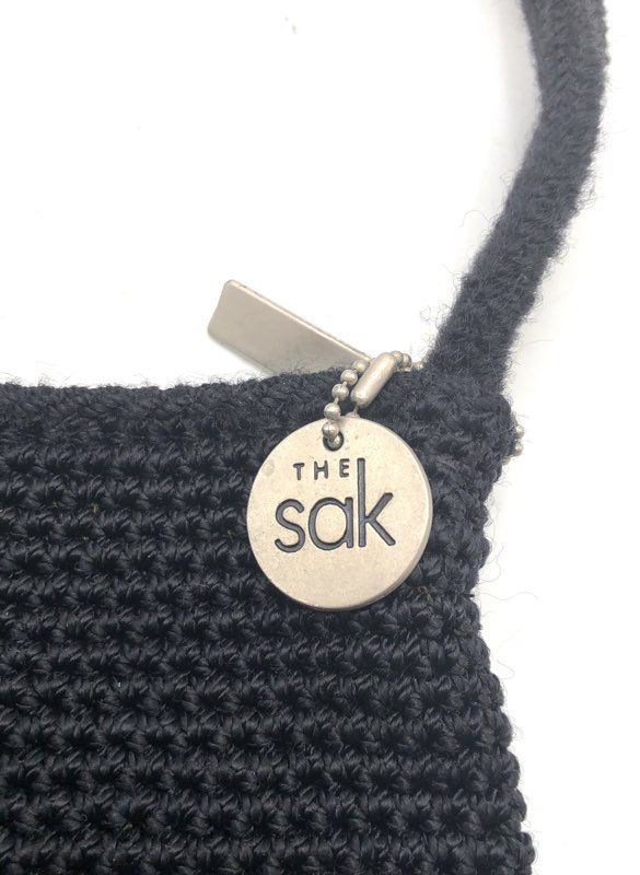 The Sak Black Tightweave Crochet Shoulder Bag Silver Hardware Logo