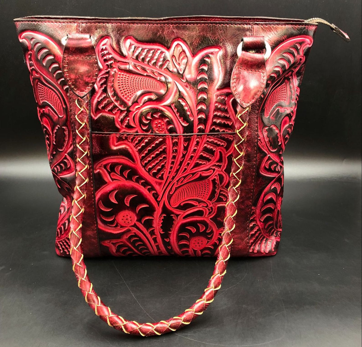 Patricia Nash Oxblood Red Tooled Leather Tote with Brushed Silver-Tone Hardware