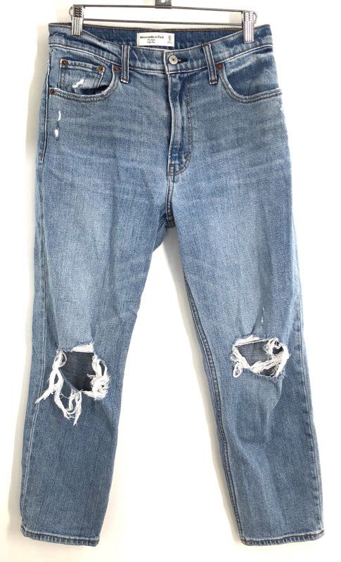 Abercrombie & Fitch Women's The Mom High Rise Distressed Blue Jeans Sz 27 / 4S
