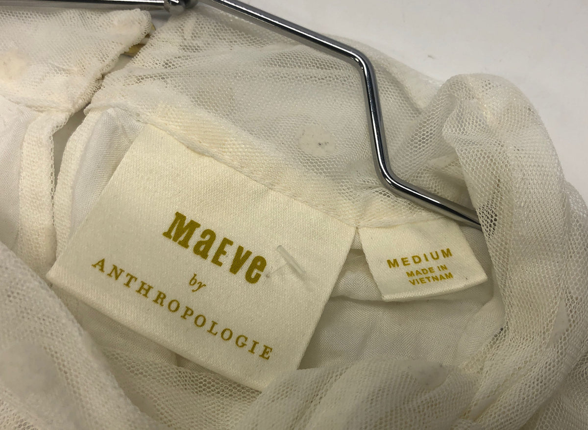 Maeve Anthropologie Women's Ivory Polka Dot Sheer Tie Neck Blouse Sz M NWT
