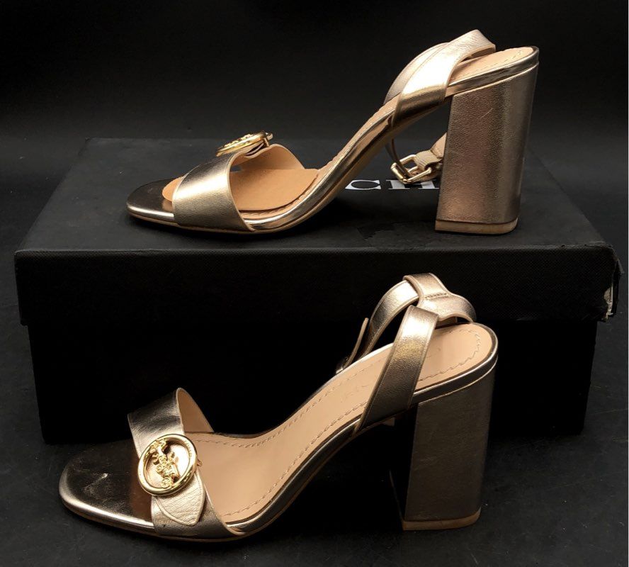 Coach Maddi 85 Champagne Metallic Block Heel Sandal Women's Size 8 B