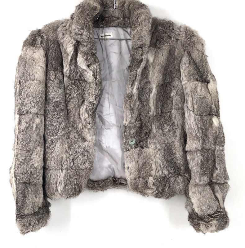 Vintage 80s Women's Gray Rabbit Fur Jacket Coat Patchwork Single Button Sz L