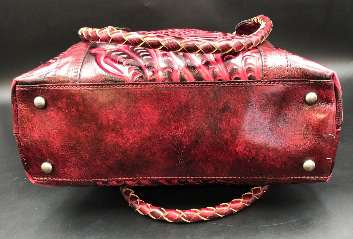Patricia Nash Oxblood Red Tooled Leather Tote with Brushed Silver-Tone Hardware